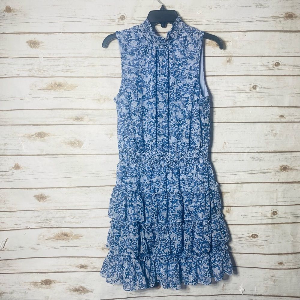 MSK Blue Patterned Sleeveless Elastic Waist High Neck Mini Dress Size M